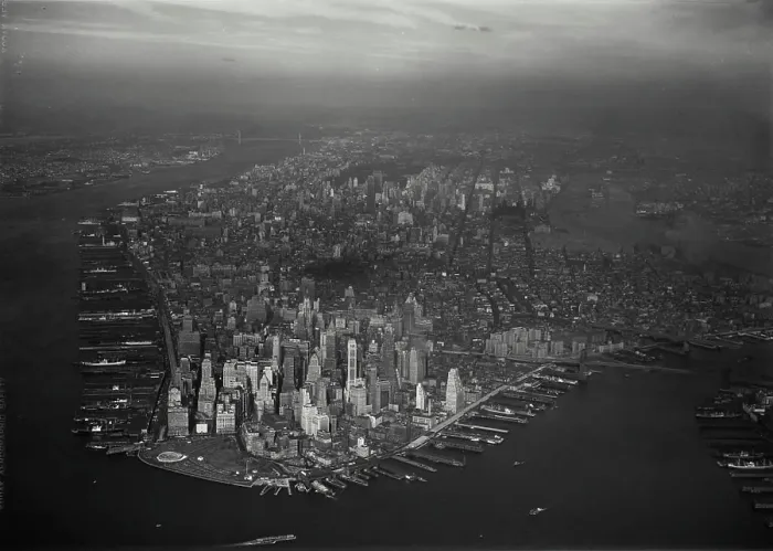 Framed Print : Vintage Photograph. Aerial view of Lower Manhattan showing the Financial District and newly constructed Battery Park Framed Print : Vintage Photograph. Aerial view of Lower Manhattan showing the Financial District and newly constructed Battery Park