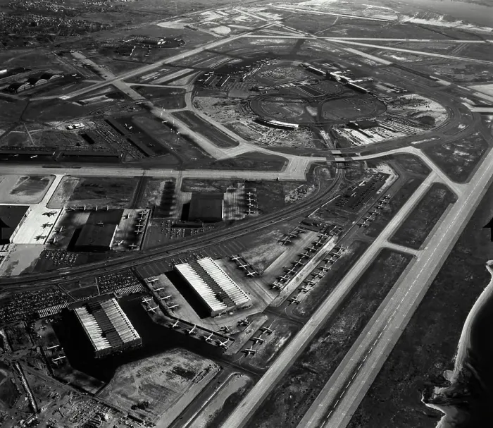 Framed Print : Vintage Photograph. Aerial view of hangars at New York International Airport, New York City Framed Print : Vintage Photograph. Aerial view of hangars at New York International Airport, New York City