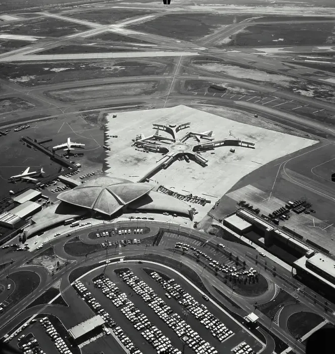 Framed Print : Vintage Photograph. Aerial view of parking lot and airplanes at terminal at New York International Airport