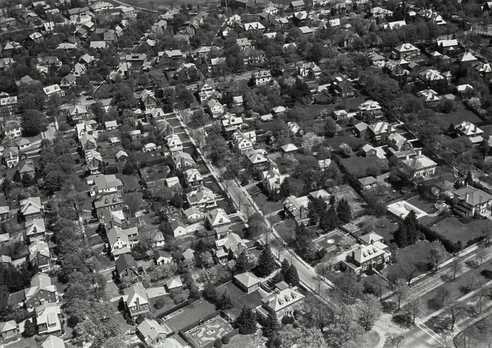 Framed Print : Vintage photograph. Aerial view of residential section Framed Print : Vintage photograph. Aerial view of residential section