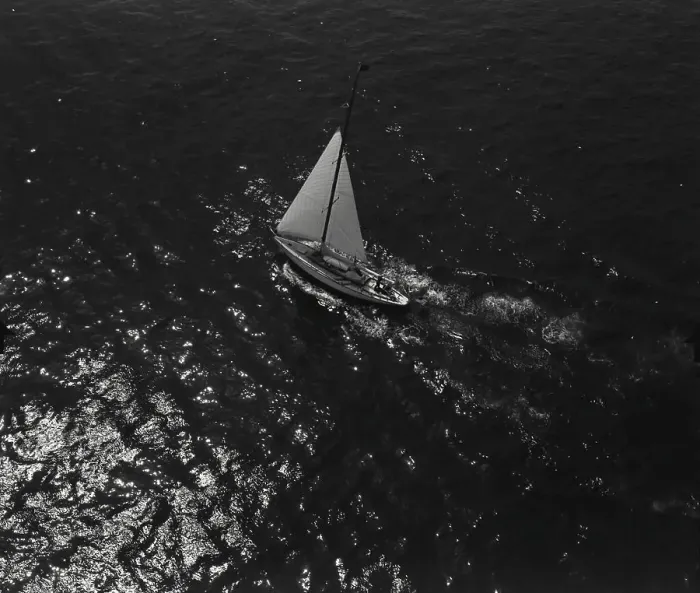 Framed Print : Vintage Photograph. Aerial view of sailboat sailing in the moonlight Framed Print : Vintage Photograph. Aerial view of sailboat sailing in the moonlight