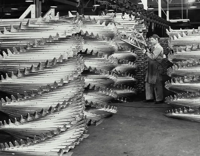 Framed Print : Vintage photograph. Aluminum window frames are stacked in Louisville, Kentucky plant of the Reynolds Metals Co