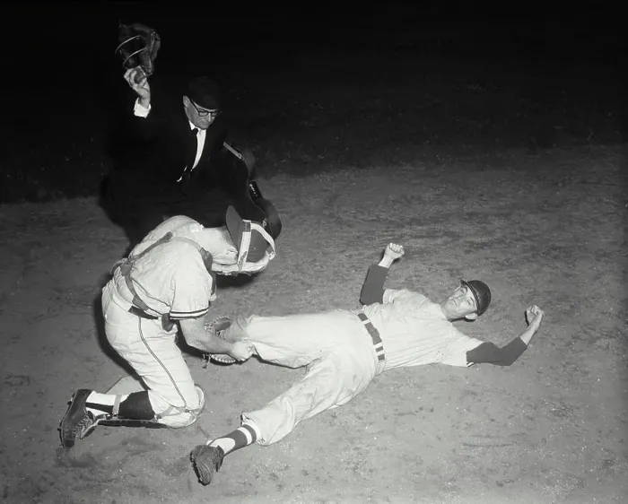 Framed Print : Vintage Photograph. A baseball runner slides into home plate as catcher tags him out Framed Print : Vintage Photograph. A baseball runner slides into home plate as catcher tags him out