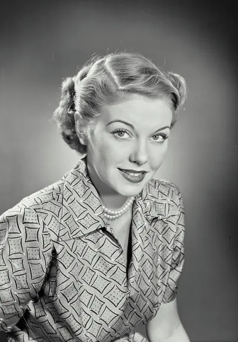 Framed Print : Vintage photograph. Blonde woman wearing blouse with diamond / polka dot pattern Framed Print : Vintage photograph. Blonde woman wearing blouse with diamond / polka dot pattern