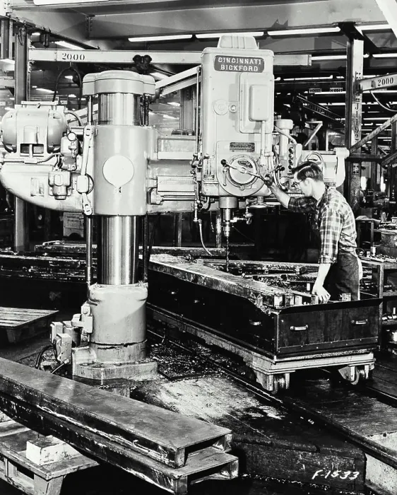 Framed Print : Vintage Photograph. Caterpillar Tractor Co. Peoria, Ill-Drilling and boring holes in side of D8 tractor main frame Framed Print : Vintage Photograph. Caterpillar Tractor Co. Peoria, Ill-Drilling and boring holes in side of D8 tractor main frame