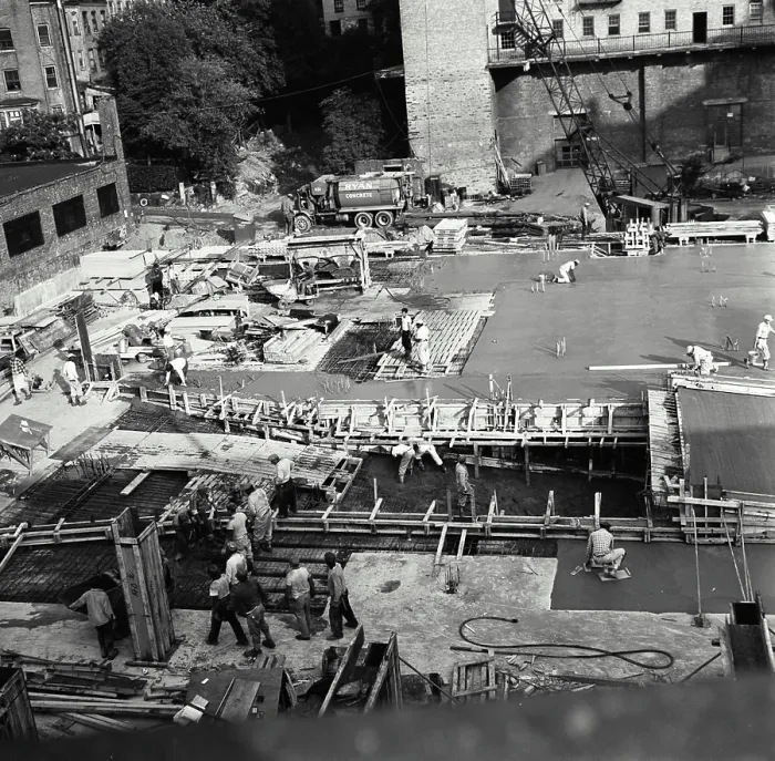 Framed Print : Vintage Photograph. Construction - pouring concrete, basement floor, apartment house Framed Print : Vintage Photograph. Construction - pouring concrete, basement floor, apartment house