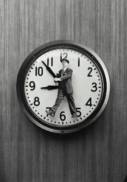 Framed Print : Vintage Photograph. Cutout of man wearing suit walking placed on clock face, Frame 1 Framed Print : Vintage Photograph. Cutout of man wearing suit walking placed on clock face, Frame 1