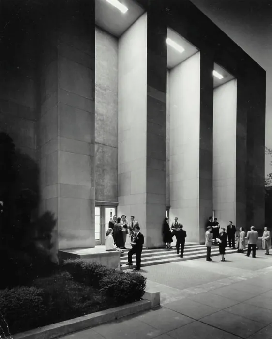 Framed Print : Vintage Photograph. The George Washington University night view of Lisner Auditorium. Students gather outside