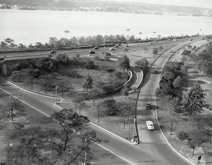 Framed Print : Vintage photograph. Highway with river seen in distance