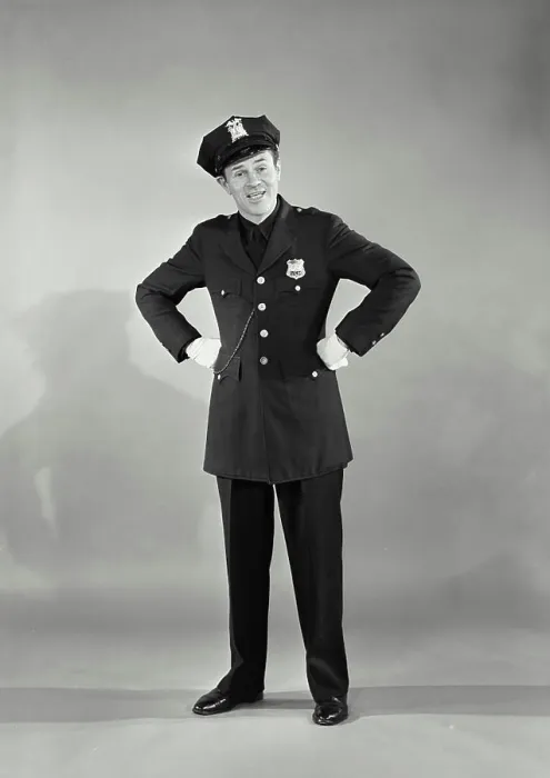 Framed Print : Vintage photograph. Full length portrait of policeman with hands on hips Framed Print : Vintage photograph. Full length portrait of policeman with hands on hips