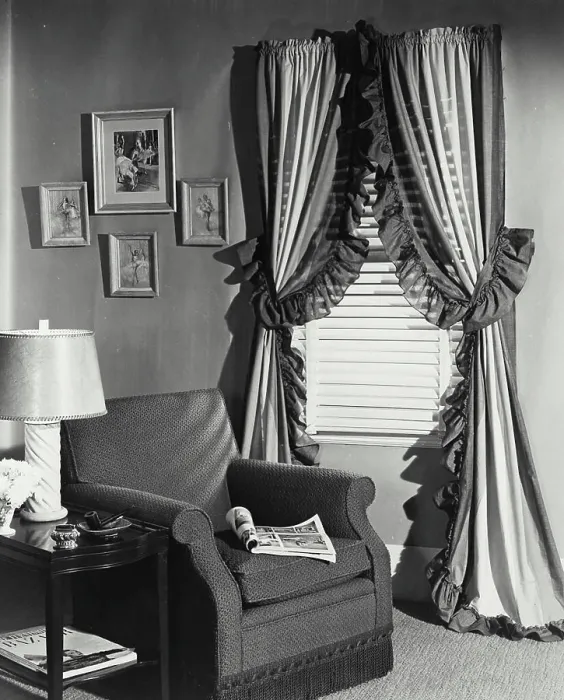 Framed Print : Vintage photograph. Living room with striped - chambray curtains Framed Print : Vintage photograph. Living room with striped - chambray curtains