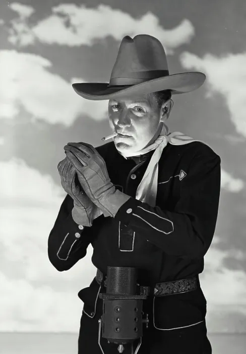 Framed Print : Vintage Photograph. Man in cowboy outfit with hat and gloves smoking cigarette Framed Print : Vintage Photograph. Man in cowboy outfit with hat and gloves smoking cigarette