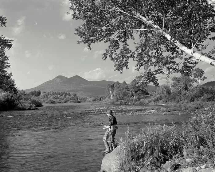 Framed Print : Vintage Photograph. A man fishing on Ammonoosuc River with Peroy Peaks in the background. Frame 1 Framed Print : Vintage Photograph. A man fishing on Ammonoosuc River with Peroy Peaks in the background. Frame 1