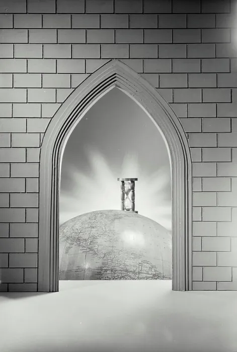 Framed Print : Vintage photograph. Photo illustration of pointed brick arch looking through to sand timer sitting on globe of the world