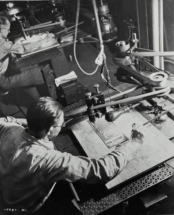 Framed Print : Vintage photograph. Photo shows one of the mechanical phases of newspaper making. Here are the men are routing a plate Framed Print : Vintage photograph. Photo shows one of the mechanical phases of newspaper making. Here are the men are routing a plate