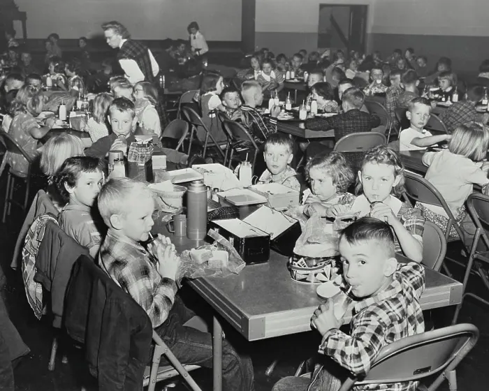 Framed Print : Vintage photograph. School children drinking milk made available to them under the Special Milk Program Framed Print : Vintage photograph. School children drinking milk made available to them under the Special Milk Program
