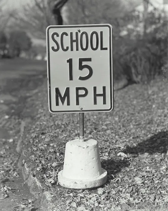 Framed Print : Vintage Photograph. School zone sign