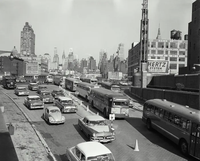 Framed Print : Vintage Photograph. Streets with busy traffic leading into Lincoln Tunnel looking back at skyline of New York City Framed Print : Vintage Photograph. Streets with busy traffic leading into Lincoln Tunnel looking back at skyline of New York City