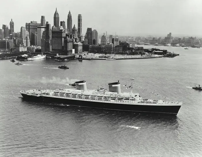 Framed Print : Vintage photograph. USA, New York State, New York City, High angle view of cruise ship in sea