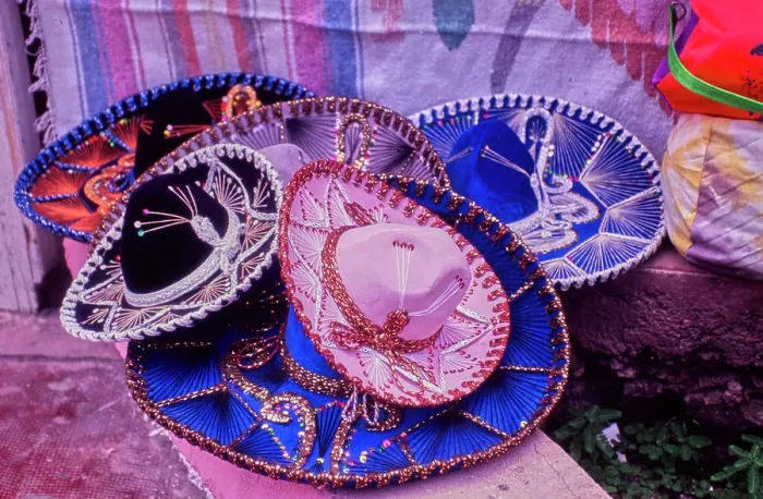 Framed Print : Vintage Photograph. Vibrant Mexican sombreros showcasing traditional craftsmanship