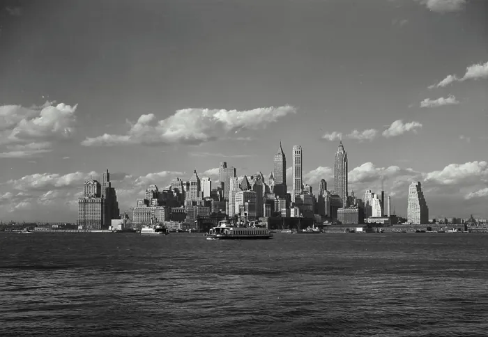 Framed Print : Vintage Photograph. View of New York City Skyline from across the East River with ferries passing Framed Print : Vintage Photograph. View of New York City Skyline from across the East River with ferries passing