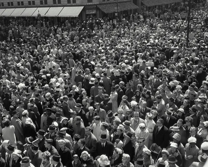 Framed Print : Vintage Photograph. Vintage Crowd Scene: Bustling Urban Gathering from a Bygone Era