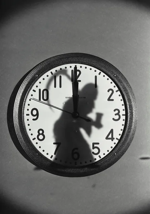 Framed Print : Vintage Photograph. Wall mounted clock face with Father Time shadow on front Framed Print : Vintage Photograph. Wall mounted clock face with Father Time shadow on front