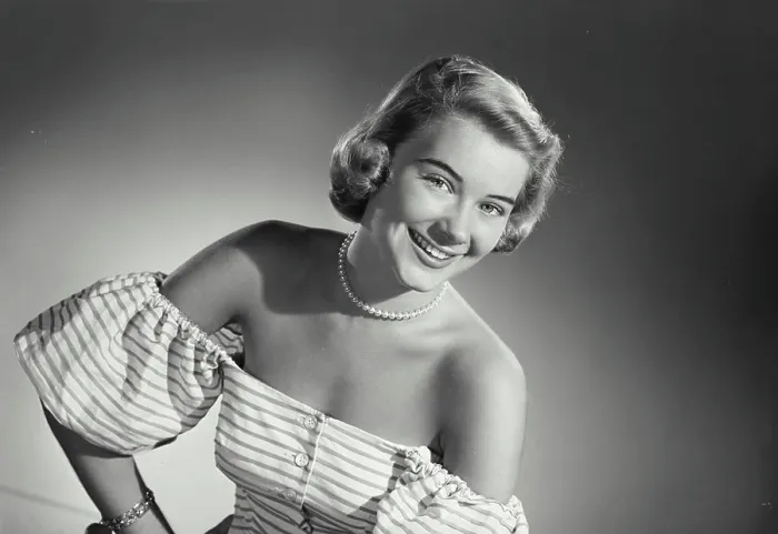 Framed Print : Vintage Photograph. Woman in striped blouse smiling wide at camera