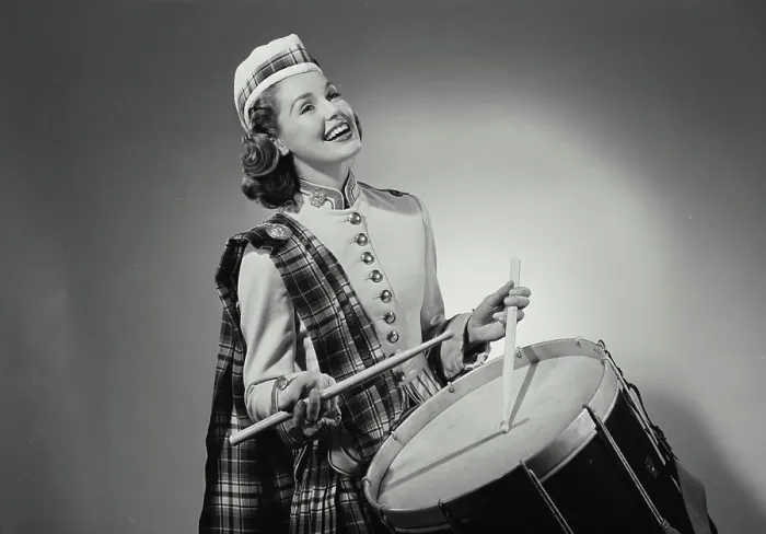 Framed Print : Vintage Photograph. Woman in traditional Scottish clothing playing the drum. Frame 3 Framed Print : Vintage Photograph. Woman in traditional Scottish clothing playing the drum. Frame 3