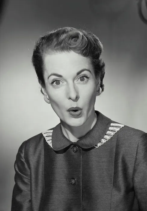 Framed Print : Vintage Photograph. Woman wearing buttoned up blouse with surprised expression