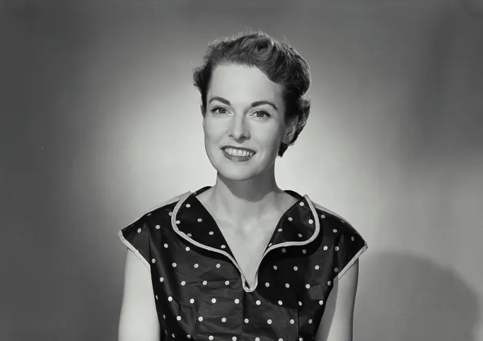Framed Print : Vintage Photograph. Woman wearing polka dot blouse smiling