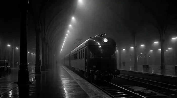 Framed Print : Vintage train at a foggy station at night under illuminated arches, dark retro mood setting, AI generated Framed Print : Vintage train at a foggy station at night under illuminated arches, dark retro mood setting, AI generated