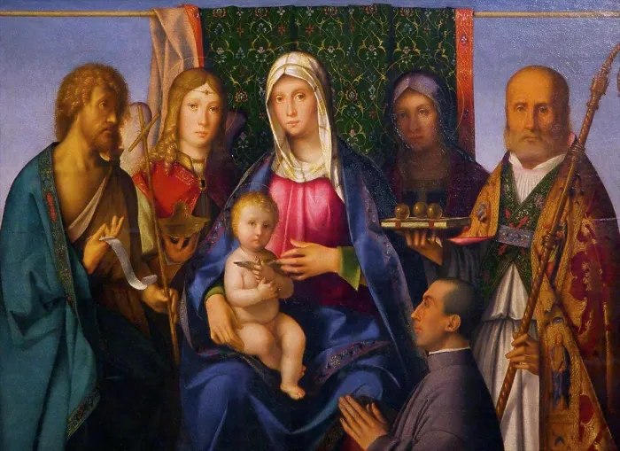 Framed Print : Virgin and Child with Saints and a Donor Framed Print : Virgin and Child with Saints and a Donor