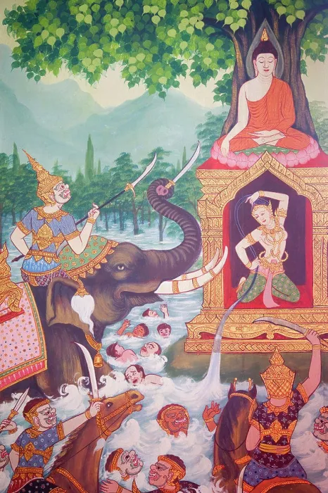 Framed Print : Detail of wall art depicting life of the Buddha in Wat Chana Songkhram, Khaosan Road, Bangkok, Thailand Framed Print : Detail of wall art depicting life of the Buddha in Wat Chana Songkhram, Khaosan Road, Bangkok, Thailand