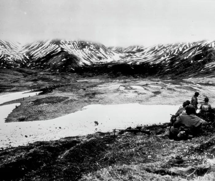 Framed Print : This Is War As Fought On Attu -- Across this valley on Attu ***** above the fog line that obscures the tops of