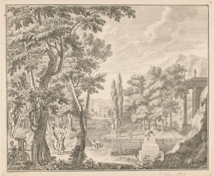 Framed Print : By a water with remnants of Roman ruins on the shore stands a statue of the goddess Diana