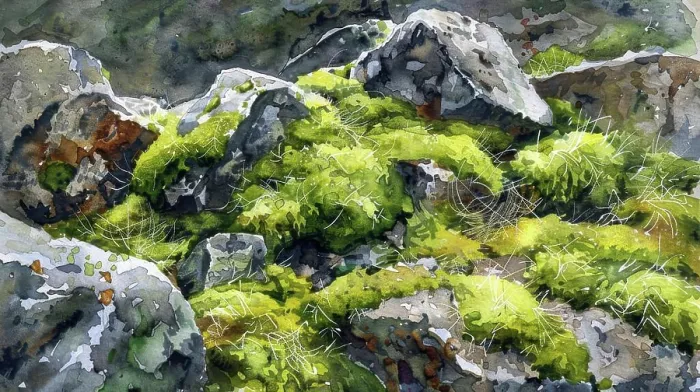Framed Print : A watercolor painting depicting a close-up view of moss-covered rocks in a forest setting Framed Print : A watercolor painting depicting a close-up view of moss-covered rocks in a forest setting