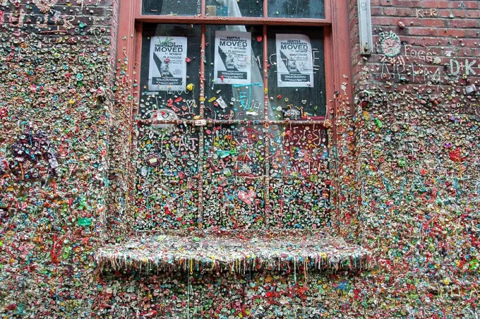 Framed Print : A window at the colorful chewing gum wall in Post Alley at the Pike Place Market in Seattle, Washington State, USA.