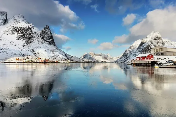 Framed Print : Winter sun on Reinefjord on the Lofoten islands