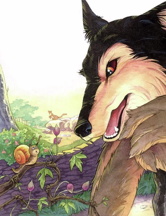 Framed Print : Wolf character looking at snail illustration. Watercolor and colored pencil Framed Print : Wolf character looking at snail illustration. Watercolor and colored pencil