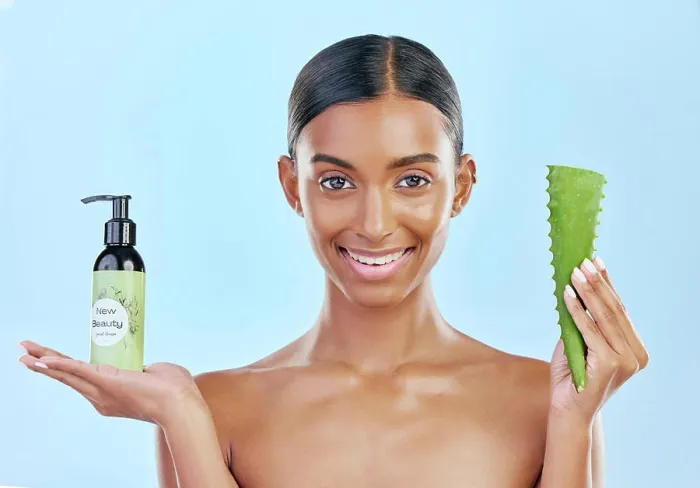 Framed Print : Woman, aloe vera and skincare in studio portrait with smile Framed Print : Woman, aloe vera and skincare in studio portrait with smile