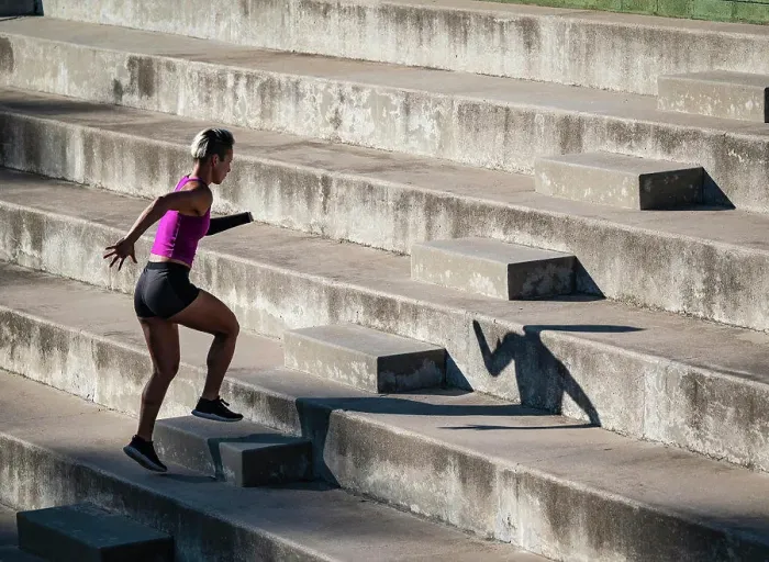 Framed Print : Woman with amputated hand jogging up steps
