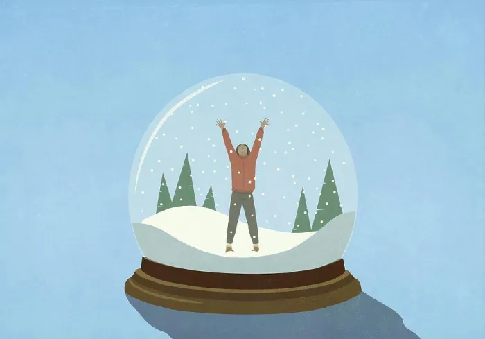 Framed Print : Woman with arms raised inside snow globe Framed Print : Woman with arms raised inside snow globe