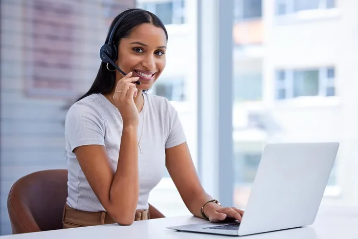 Framed Print : Woman, call centre and laptop in office with headphone or microphone to communicate for clients in portrait Framed Print : Woman, call centre and laptop in office with headphone or microphone to communicate for clients in portrait