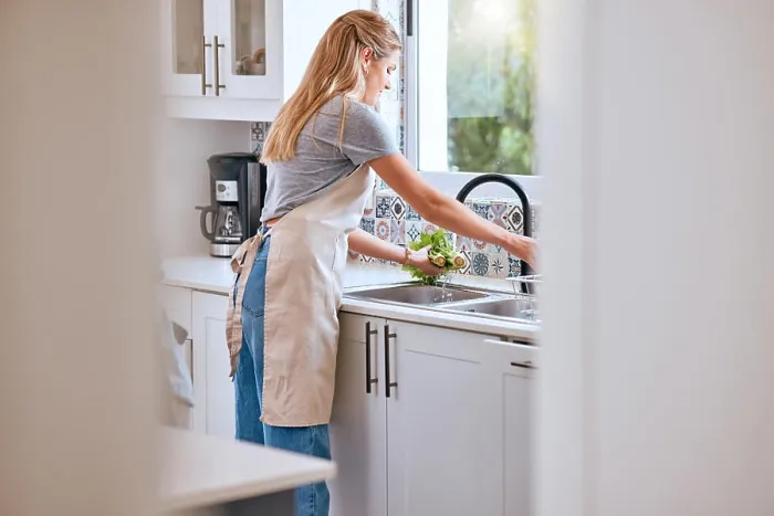 Framed Print : Woman, cooking and cleaning food or vegetable with water under kitchen tap for healthcare Framed Print : Woman, cooking and cleaning food or vegetable with water under kitchen tap for healthcare