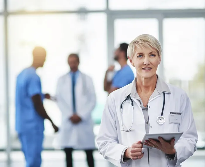 Framed Print : Woman, doctor and portrait with tablet for telehealth Framed Print : Woman, doctor and portrait with tablet for telehealth