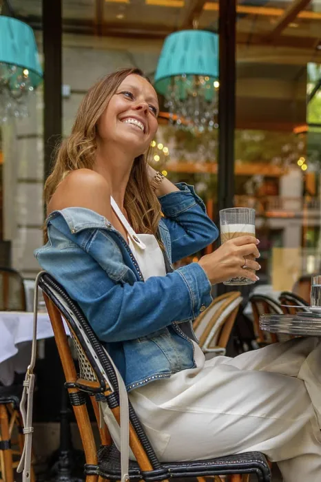 Framed Print : Woman enjoying a latte and relaxing at a Paris cafe Framed Print : Woman enjoying a latte and relaxing at a Paris cafe