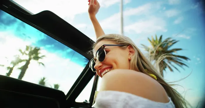 Framed Print : Woman, freedom and sunglasses in car of road trip adventure