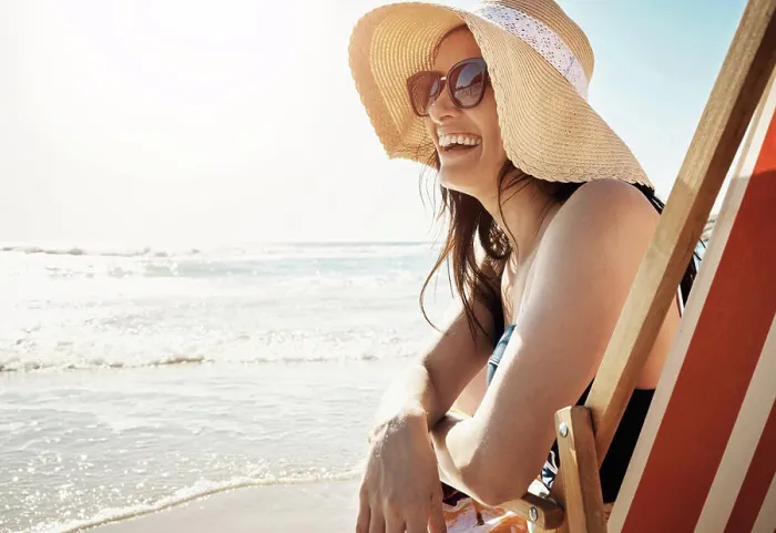 Framed Print : Woman, happy and sunglasses at beach with water