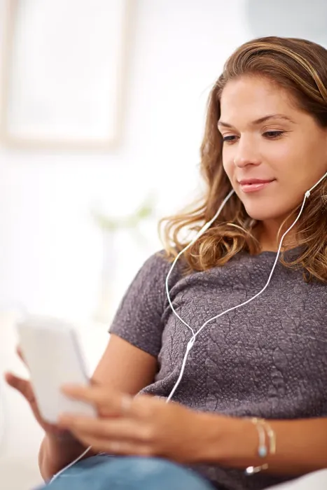 Framed Print : Woman, house and earphones for music or relax with podcast Framed Print : Woman, house and earphones for music or relax with podcast
